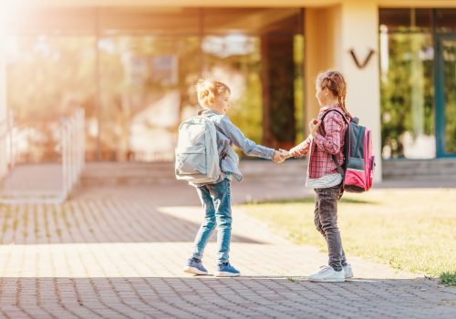 Girl and boy standing near the school together. Concept of the friendship and back to school.